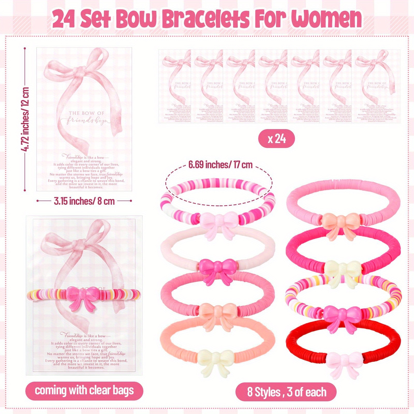 24pc Bow Friendship Bracelet Set, Pink & Multicolor Clay Beads